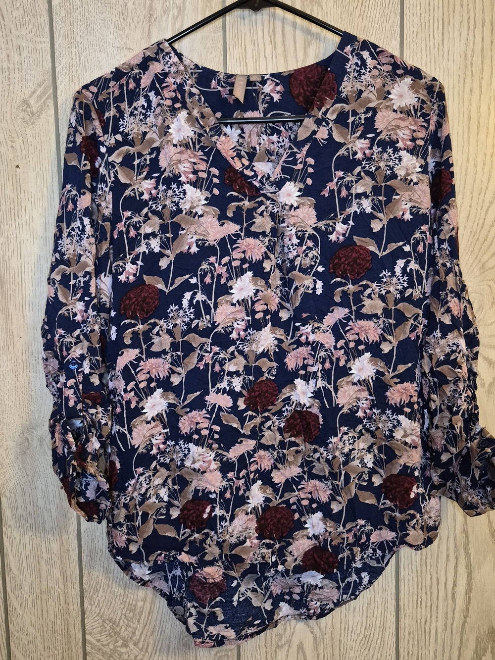 Navy Floral V-Neck Blouse with Pink and Burgundy Blooms